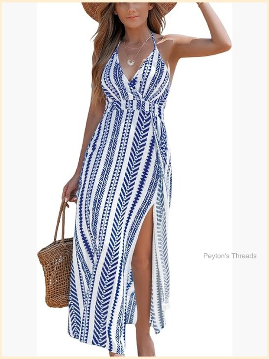 Dresses & Skirts - Halter Backless Maxi Dress with Side Slit Rayon Spandex Beach Sundress